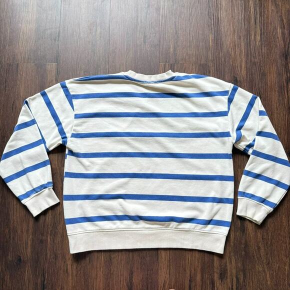 H&M Cream Blue Stripe Crewneck Sweatshirt 'Bisou' Embroidery Red - Size M - Picture 3 of 5